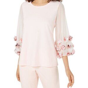 Alfani Large Light Pink 3/4 Sleeve Top With Floral Appliqué Mesh Sleeves